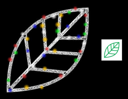 Flare net mesh contour leaf with multi colored light spots. Illuminated vector framework created from contour leaf icon. Sparkle carcass mesh contour leaf, on a black backgound.のイラスト素材