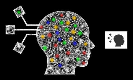 Glowing net mesh brain connection with colored glowing spots. Illuminated vector structure created from brain connection symbol. Sparkle carcass mesh brain connection, on a black backgound.のイラスト素材