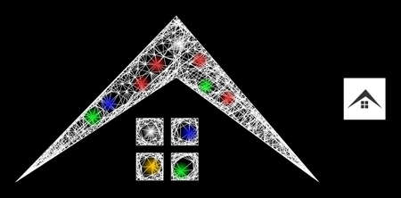 Shiny crossing mesh house roof with multicolored glowing spots. Illuminated vector model created from house roof pictogram. Sparkle constellation mesh house roof, on a black backgound.のイラスト素材
