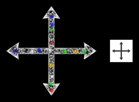 Bright crossing mesh expand with colorful bright dots. Illuminated vector frame created from expand symbol. Sparkle carcass mesh expand, on a black backgound.のイラスト素材