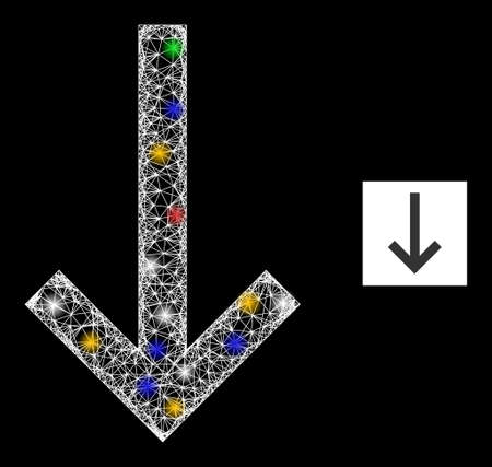 Glowing hatched mesh down arrow with colored glowing spots. Illuminated vector structure created from down arrow icon. Sparkle carcass mesh down arrow, on a black backgound.のイラスト素材