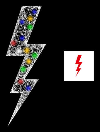 Glare crossing mesh electrical energy with multi colored glowing spots. Illuminated vector frame created from electrical energy icon. Sparkle frame polygonal electrical energy, on a black backgound.のイラスト素材