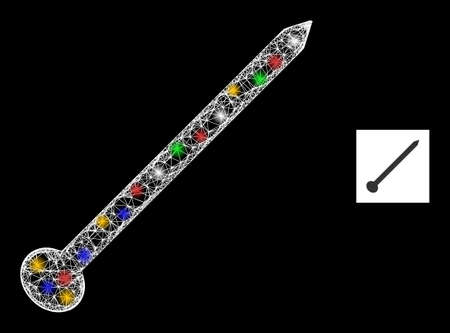 Bright net mesh needle with multicolored glowing spots. Illuminated vector carcass created from needle icon. Sparkle carcass mesh needle, on a black backgound.のイラスト素材