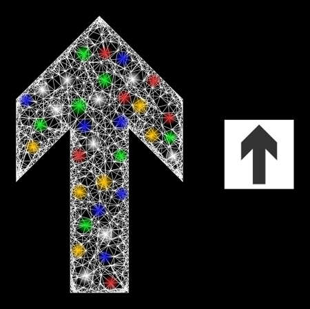 Bright crossing mesh up arrow direction with multicolored lightspots. Illuminated vector mesh created from up arrow direction pictogram. Sparkle carcass mesh up arrow direction, on a black backgound.のイラスト素材