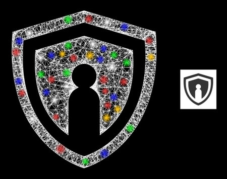 Glowing crossing mesh personal shield with multicolored lightspots. Illuminated vector mesh created from personal shield pictogram. Sparkle carcass polygonal personal shield, on a black backgound.のイラスト素材