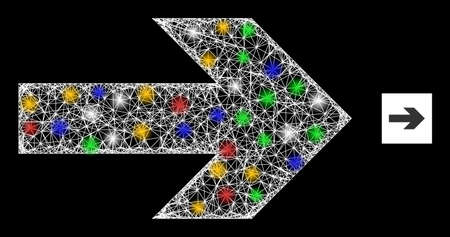 Flare net mesh right arrow with multicolored light spots. Illuminated vector mesh created from right arrow icon. Sparkle carcass mesh right arrow, on a black backgound.のイラスト素材