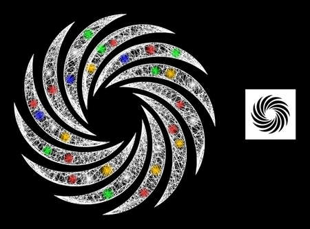 Bright net mesh turbine rotation with multicolored bright dots. Illuminated vector carcass created from turbine rotation symbol. Sparkle constellation polygonal turbine rotation, on a black backgound.のイラスト素材