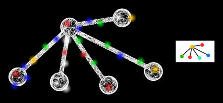 Glare hatched mesh links with colorful glowing spots. Illuminated vector structure created from links pictogram. Sparkle carcass mesh links, on a black backgound.のイラスト素材