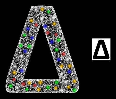 Bright hatched mesh Delta Greek symbol with colored bright dots. Illuminated vector carcass created from Delta Greek symbol. Sparkle carcass mesh Delta Greek symbol, on a black backgound.のイラスト素材