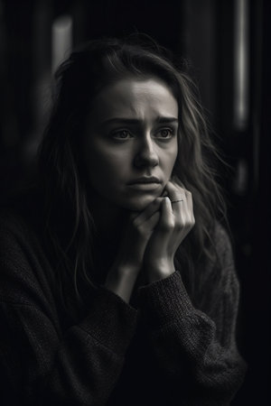 portrait of a beautiful sad woman in a dark room, monochromeの素材