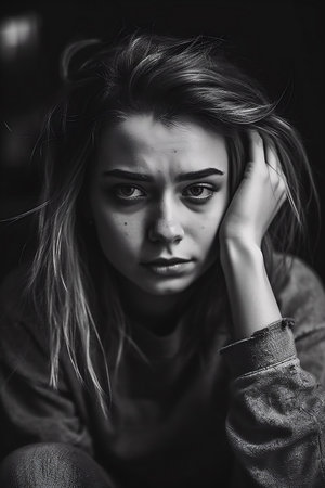 Portrait of a beautiful sad girl with long hair, black and whiteの素材