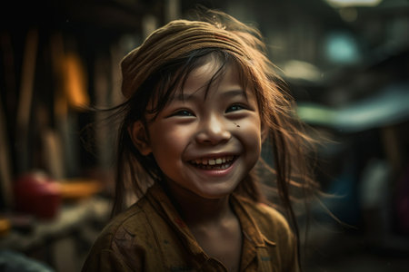 Portrait of a cute asian little girl smiling in a villageの素材
