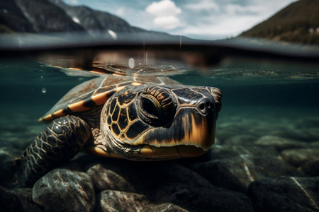 Turtle in the water. Beautiful sea turtle swimming in the water.の素材