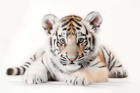 Close-up of a tiger cub lying down on a white backgroundの素材