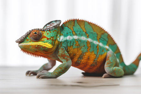 Colorful chameleon on a white background, close-upの素材