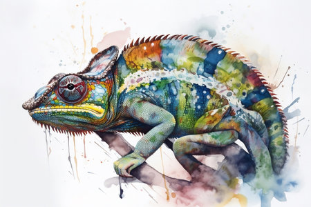 watercolor painting of chameleon on white background, digital illustrationの素材