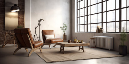 modern living room with brown armchair and coffee table - 3d renderingの素材