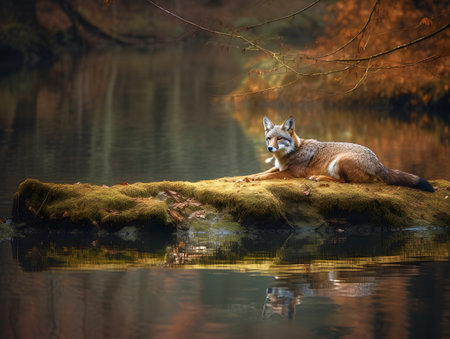 Red fox resting on a rock by the lake in the autumn forestの素材