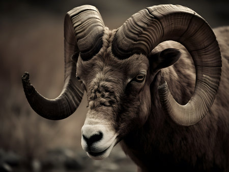 Bighorn Sheep Ram Portrait in Black and White Sepia Toneの素材