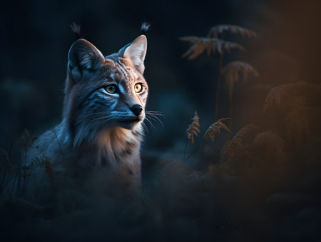 Portrait of a wild lynx in the forest at night.の素材