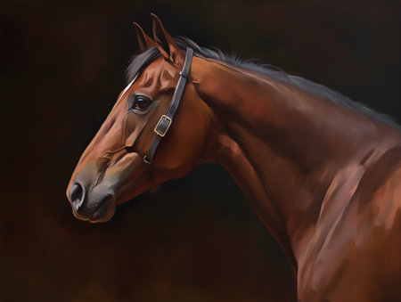 Portrait of a bay horse on a dark background. Digital painting.の素材