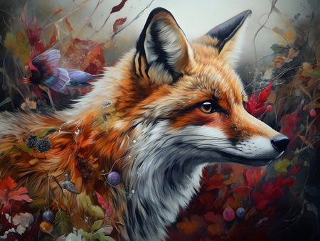 Digital painting of a fox with autumnal leaves and flowers in the backgroundの素材