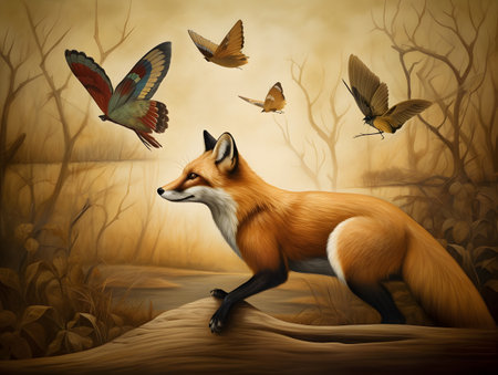 Illustration of a red fox running in the forest and flying butterfliesの素材