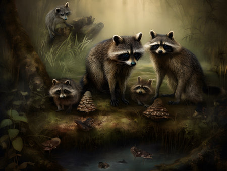 Raccoon family in the forest - 3d render illustration.の素材