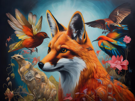 Red fox in the forest with a flock of birds and flowers.の素材