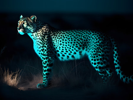 Beautiful leopard standing on the grass in the forest at nightの素材