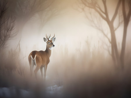 Whitetail Deer Buck standing in the misty winter forest.の素材