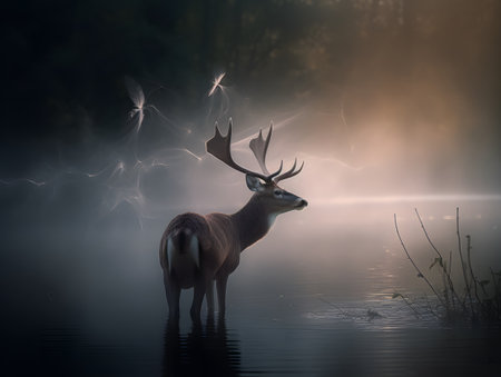 Deer with antlers standing in misty lake at sunrise.の素材