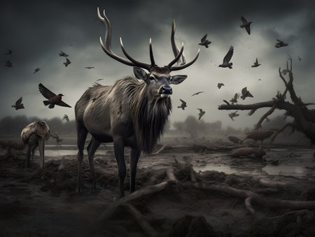 Fantasy landscape with big deer in the swamp. 3D renderingの素材