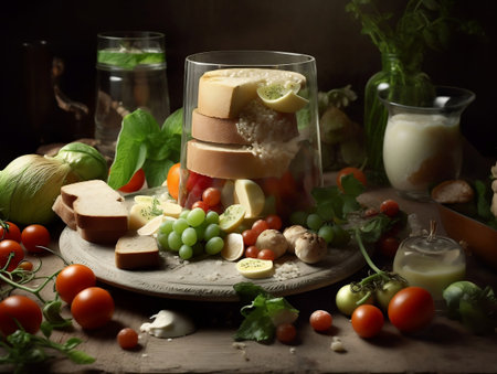 Still life with vegetables and cheese on rustic wooden background, still lifeの素材