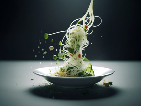 Fresh vegetable salad with sprouts on a white plate on a black backgroundの素材