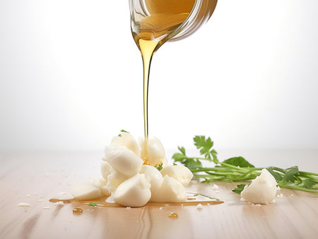pouring olive oil on mozzarella cheese with parsley on wooden tableの素材