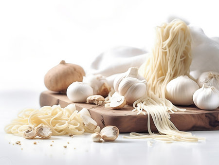 Different types of pasta and ingredients for cooking on a white background.の素材