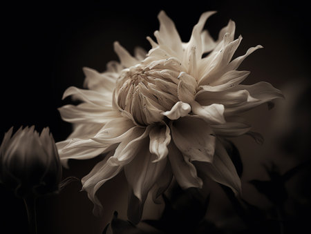Beautiful dahlia flower in black and white color tone.の素材