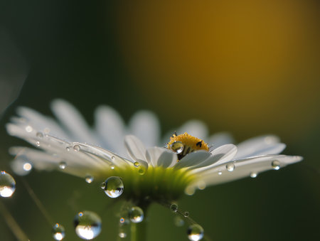 A ladybug on a daisy flower with dew drops.の素材