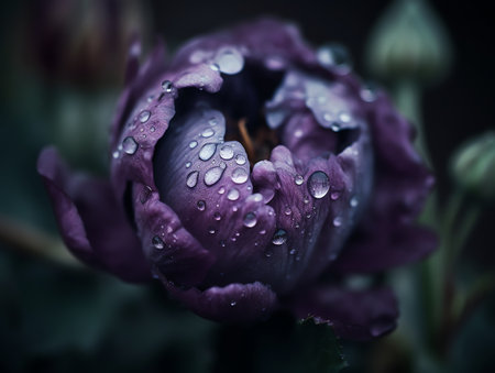 Purple tulip with water drops on the petals, dark backgroundの素材