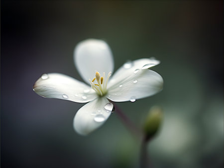 Water drops on a white flower in the forest. Shallow depth of field.の素材