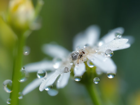 Spider on white flower with dew drops, closeup of photoの素材