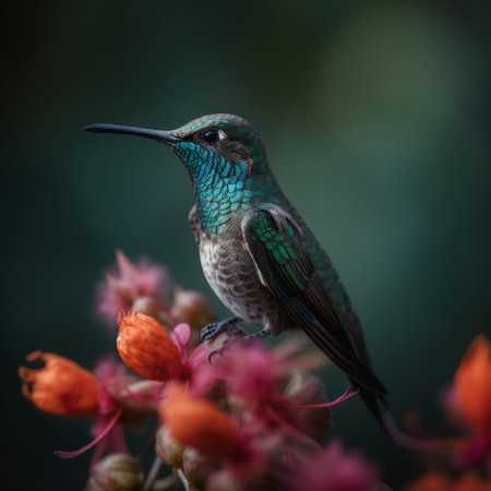 Beautiful Hummingbird sitting on a flower in the rainforestの素材
