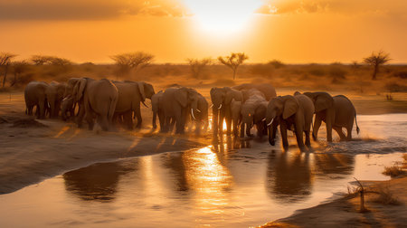 Elephants at sunset in Chobe National Park, Botswana, Africaの素材
