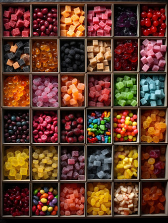 Colorful candies in a wooden box. Top view. Background.の素材