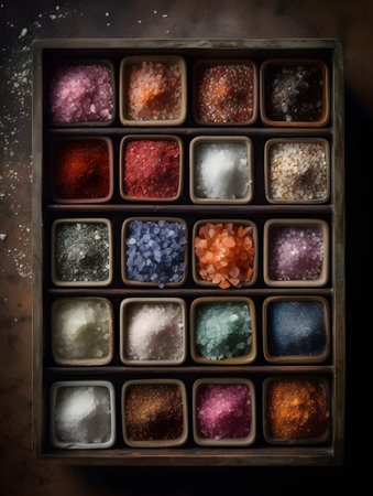Colorful crystals of salt in a wooden box on a dark backgroundの素材