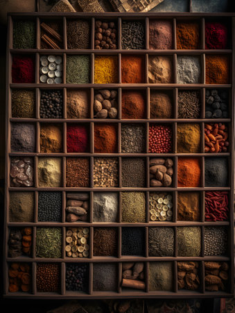 Colorful spices in wooden box. Top view. Toned.の素材