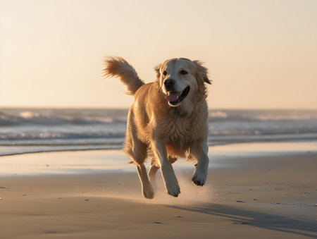 Golden Retriever running on the beach at sunset, shallow depth of fieldの素材