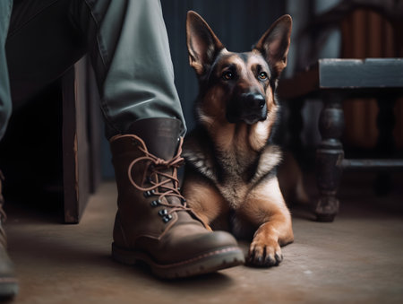 German shepherd dog and man's legs on wooden floor in room.の素材