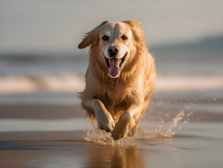 Golden Retriever running on the beach at sunset. Shallow depth of fieldの素材